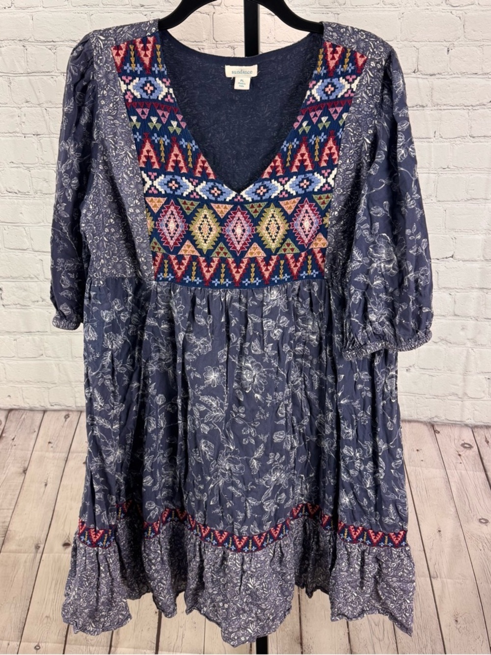 Sundance Talulah Dress Blue Floral 3/4 Sleeve Embroidered Size Large Petite